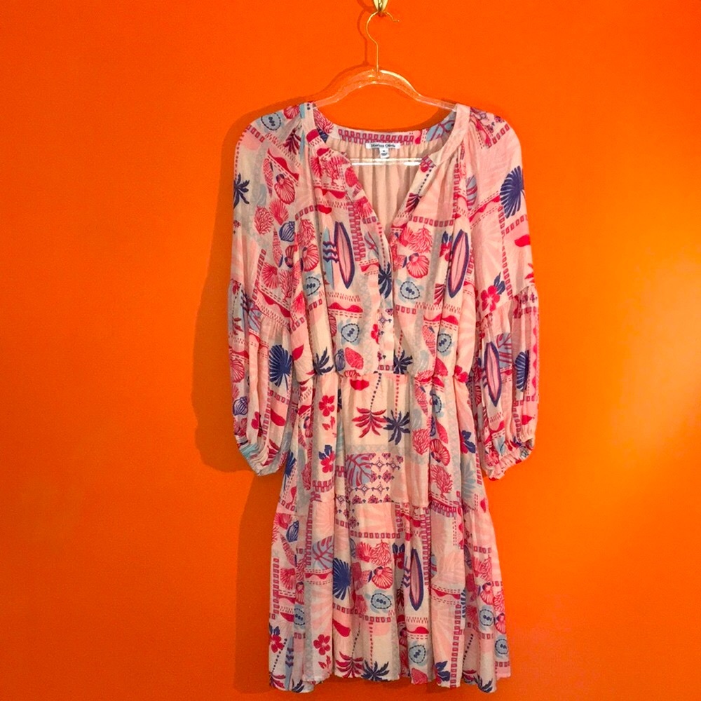 Boho Pink & Blue Surfboard/Palm Tree Tropical Printed Peasant Dress Long Sleeve